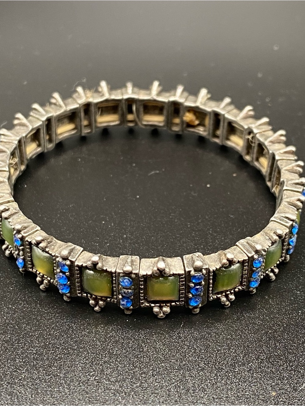 Vintage-Inspired Art Deco Green Glass and Blue Crystal Stretch Bracelet